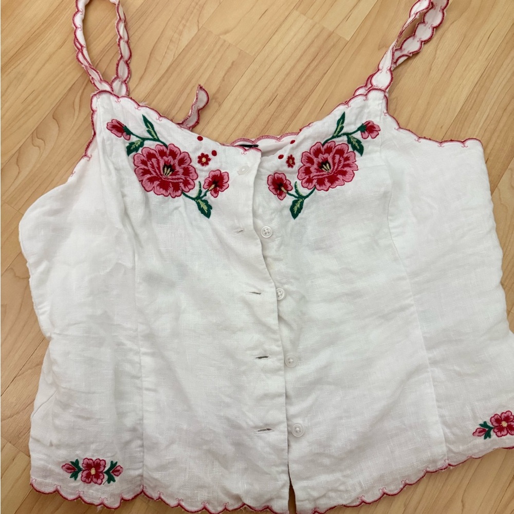 J Crew White Embroidered Floral Cami Button Top